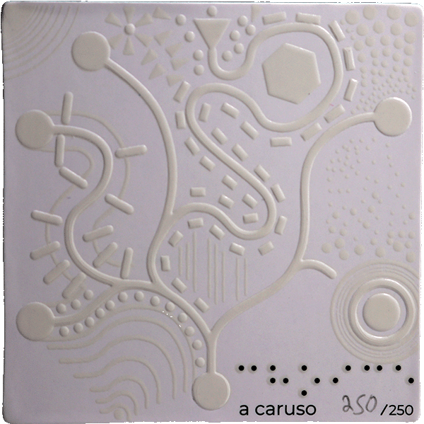This image represents a 2.5 x 2.5 inch tactile art card. The lines and shapes are shadowed intending to convey a three-dimensional appearance and indicate that they are in relief. The outline of the work is a square with tightly rounded corners. The title of the piece (Choice) in braille and the artist’s signature are in the bottom right corner along with a version number, in this case 0/250 since this is not an actual print.
This artwork intends to convey a tactile experience by following the different paths embossed in the card through different textural environments.  
 
This piece contains lines extending from the small circle (about a quarter of an inch in diameter) in the bottom center of the card that fork into different pathways. Textures lie on either side of many of the lines, forming a tactile experience as one moves their fingers down each path. There are six different paths. They all start from the center circle.